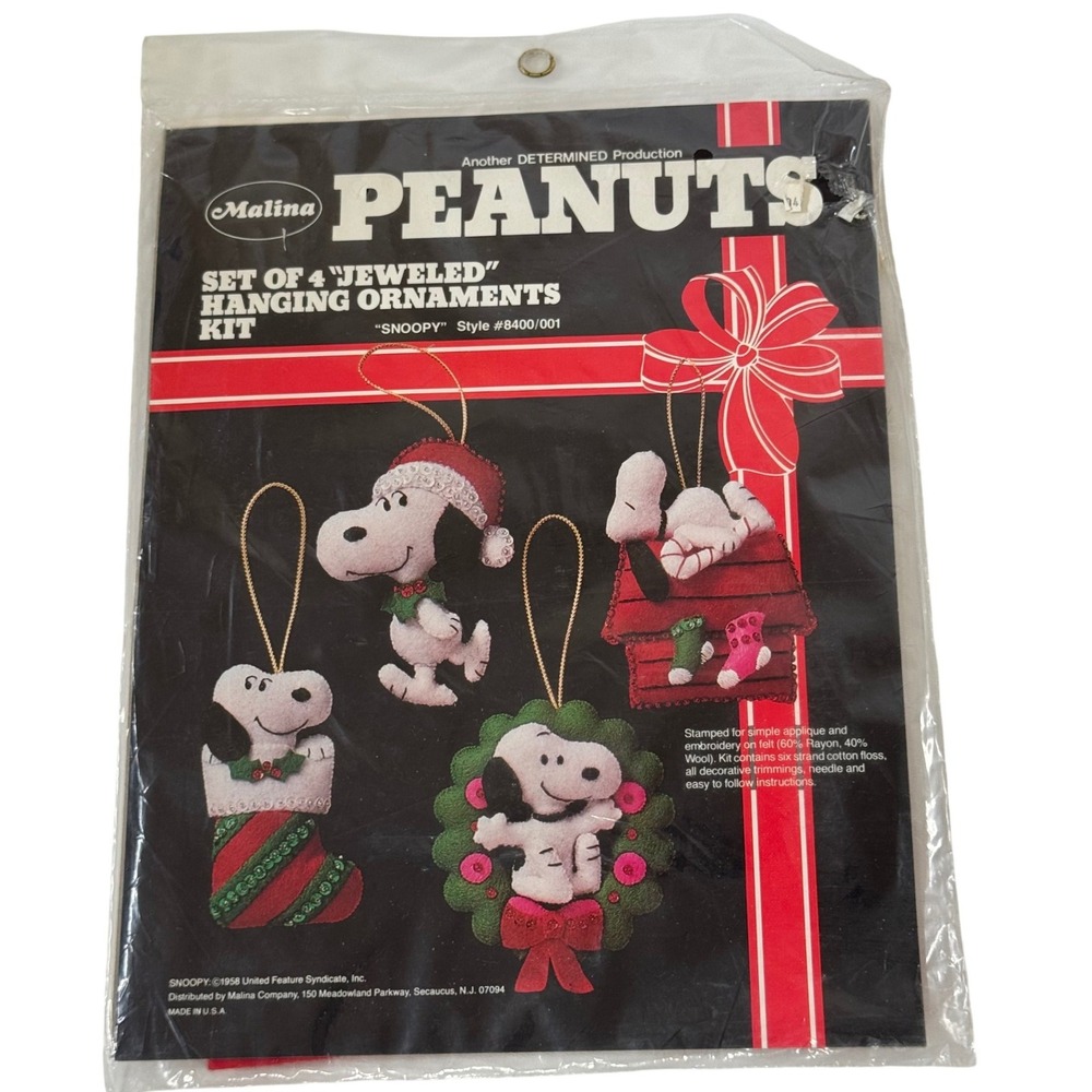 Vintage Malina Peanuts Snoopy Jeweled Hanging Ornaments Kit 4 Pack 8400/001 New